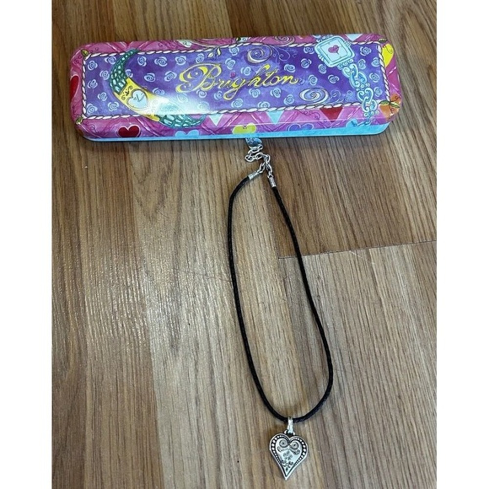 Brighton Silver Toned And Black Leather Chain‎ Necklace And Tin Case Y2K Gift - Picture 2 of 10